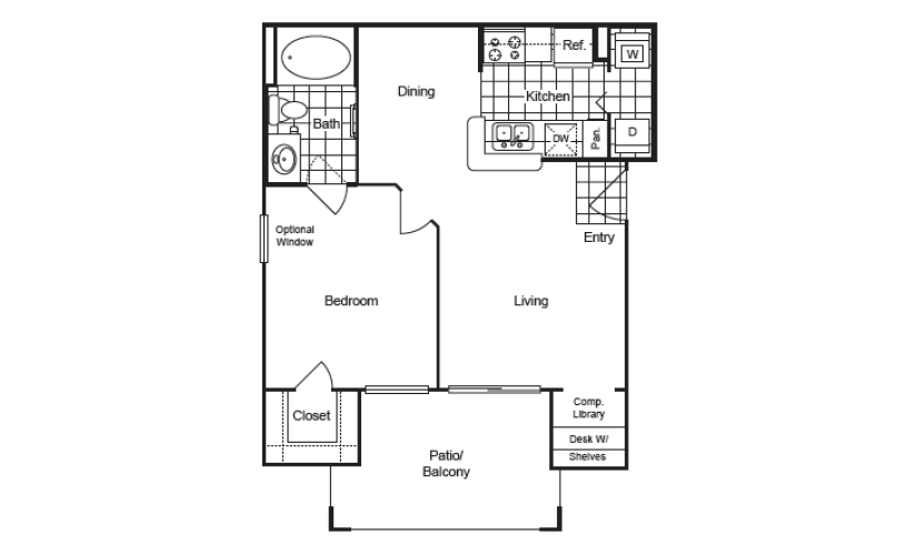 AR - 1 bedroom floor plan layout with 1 bathroom and 648 square feet
