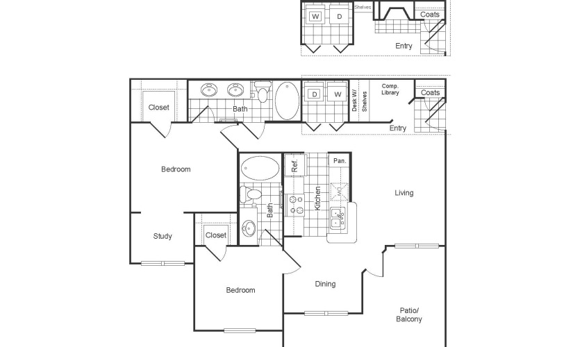 BR - 2 bedroom floor plan layout with 2 bathrooms and 1099 square feet