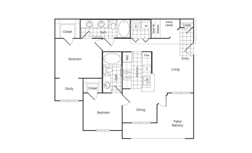 B2R - 2 bedroom floor plan layout with 2 bathrooms and 1121 square feet