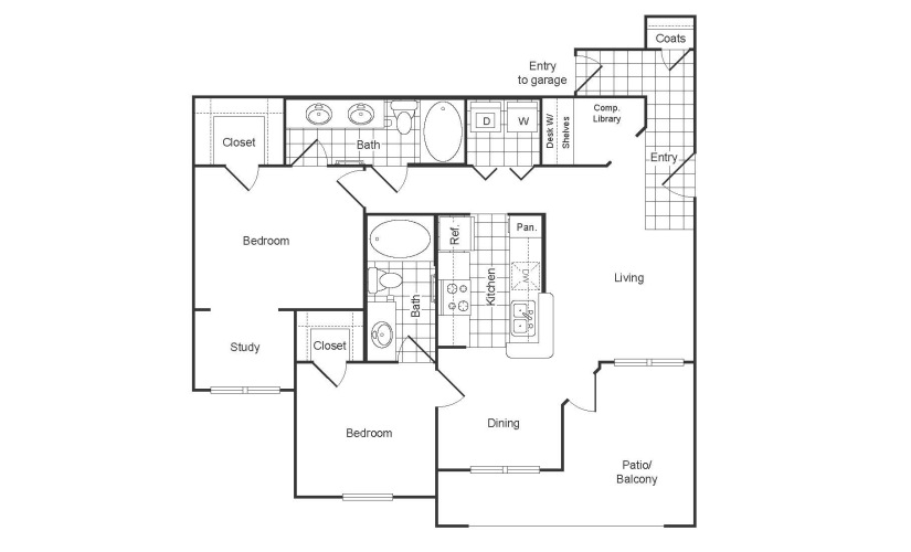 B3R - 2 bedroom floor plan layout with 2 bathrooms and 1133 square feet