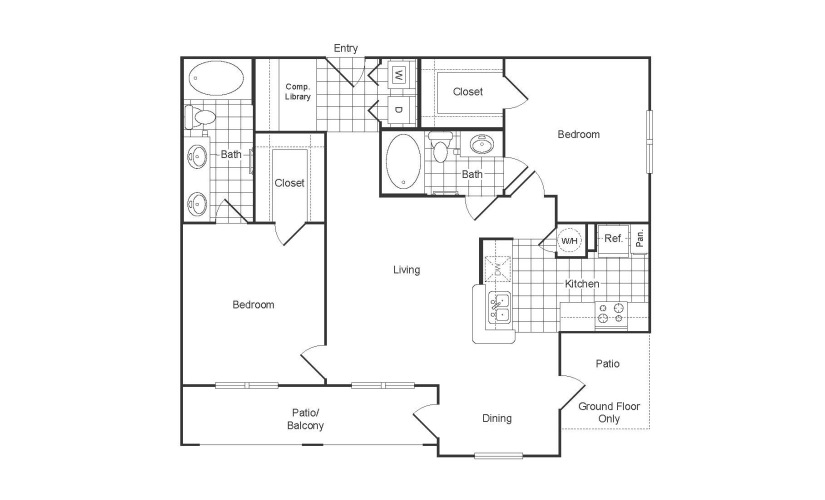 B4R - 2 bedroom floor plan layout with 2 bathrooms and 1153 square feet