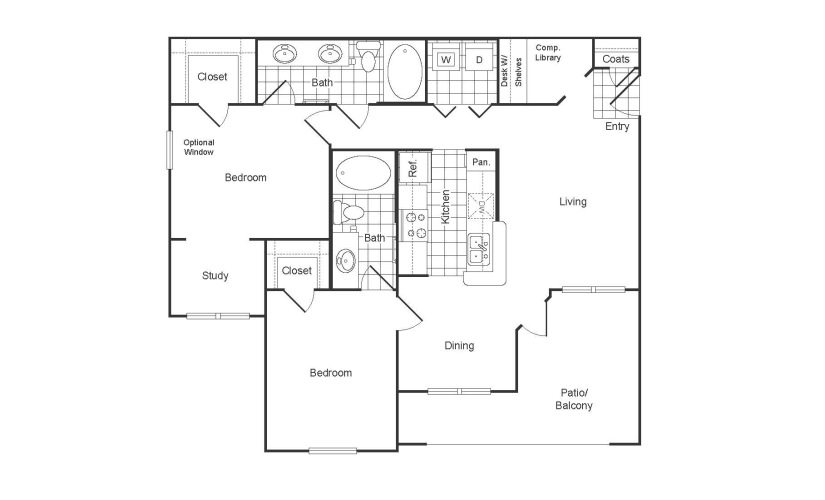 B5R - 2 bedroom floor plan layout with 2 bathrooms and 1157 square feet
