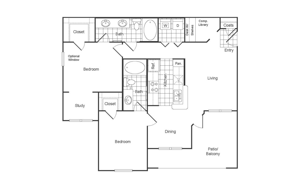 B5R - 2 bedroom floor plan layout with 2 bathrooms and 1157 square feet B5R - 2 bedroom floor plan layout with 2 bathrooms and 1157 square feet