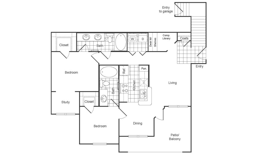 B6R - 2 bedroom floor plan layout with 2 bathrooms and 1203 square feet