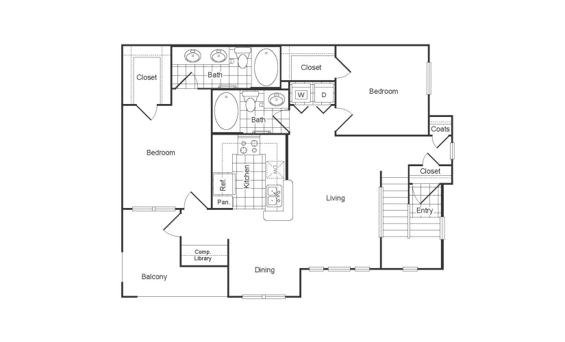 B7R - 2 bedroom floor plan layout with 2 bathrooms and 1244 square feet