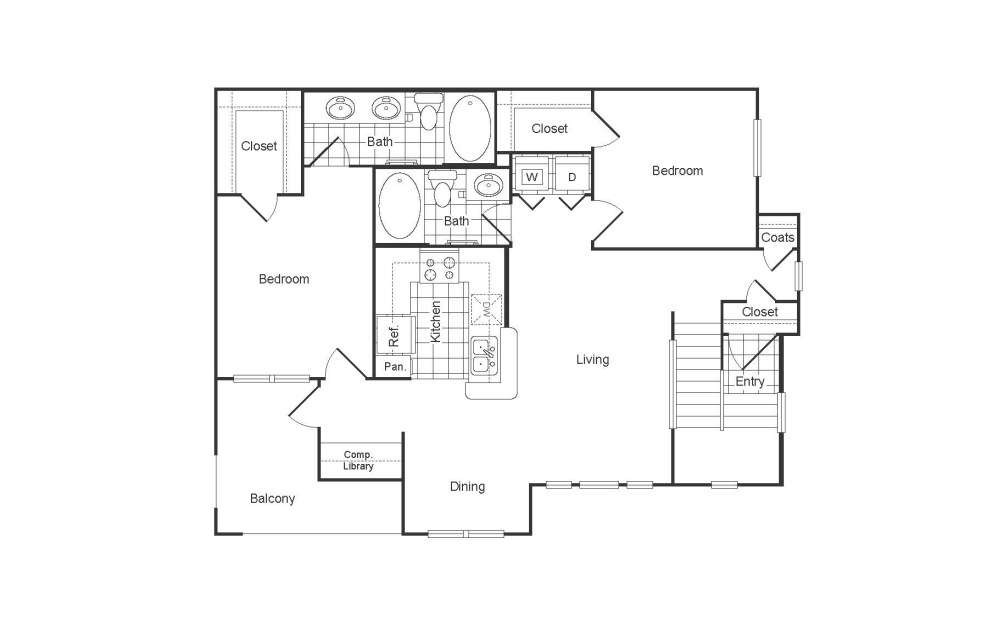 B7R - 2 bedroom floor plan layout with 2 bathrooms and 1244 square feet B7R - 2 bedroom floor plan layout with 2 bathrooms and 1244 square feet