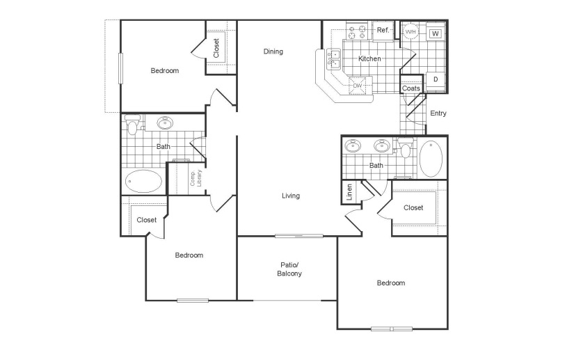 C1R - 3 bedroom floor plan layout with 2 bathrooms and 1352 square feet