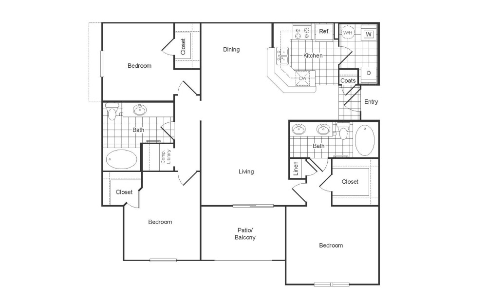 C1R - 3 bedroom floor plan layout with 2 bathrooms and 1352 square feet