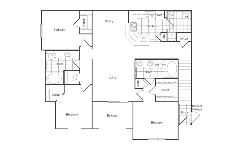 C3R - 3 bedroom floor plan layout with 2 bathrooms and 1506 square feet