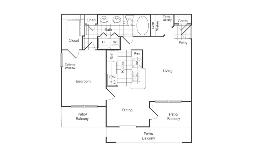 A1R - 1 bedroom floor plan layout with 1 bathroom and 802 square feet
