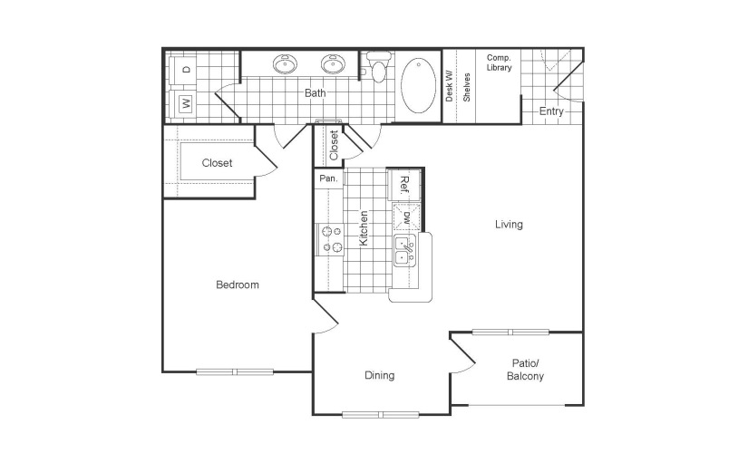 A2R - 1 bedroom floor plan layout with 1 bathroom and 885 square feet