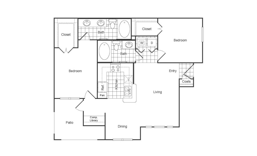 B1R - 2 bedroom floor plan layout with 2 bathrooms and 1119 square feet