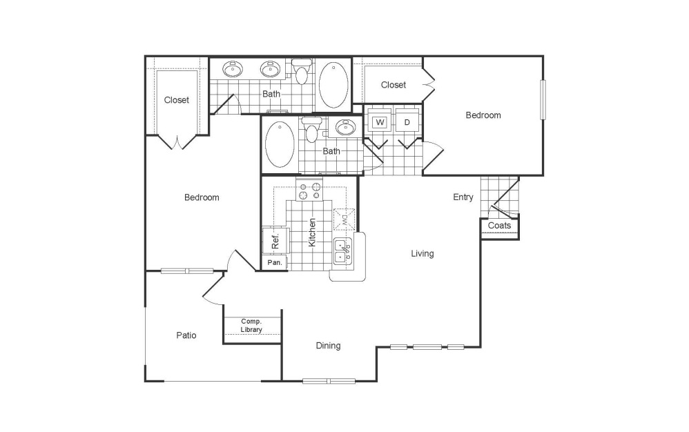 B1R - 2 bedroom floor plan layout with 2 bathrooms and 1119 square feet B1R - 2 bedroom floor plan layout with 2 bathrooms and 1119 square feet